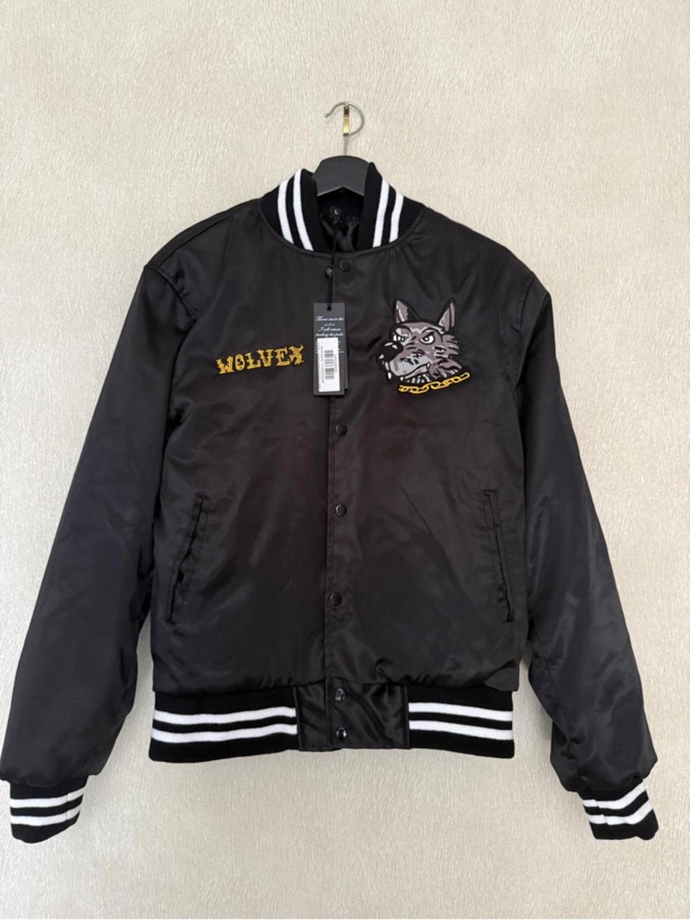 WOLF Black Embroidered Varsity-Style Bomber Jacket